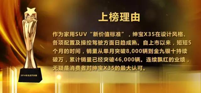 2016车生活汽车榜年度自主品牌最受欢迎SUV「绅宝X35」