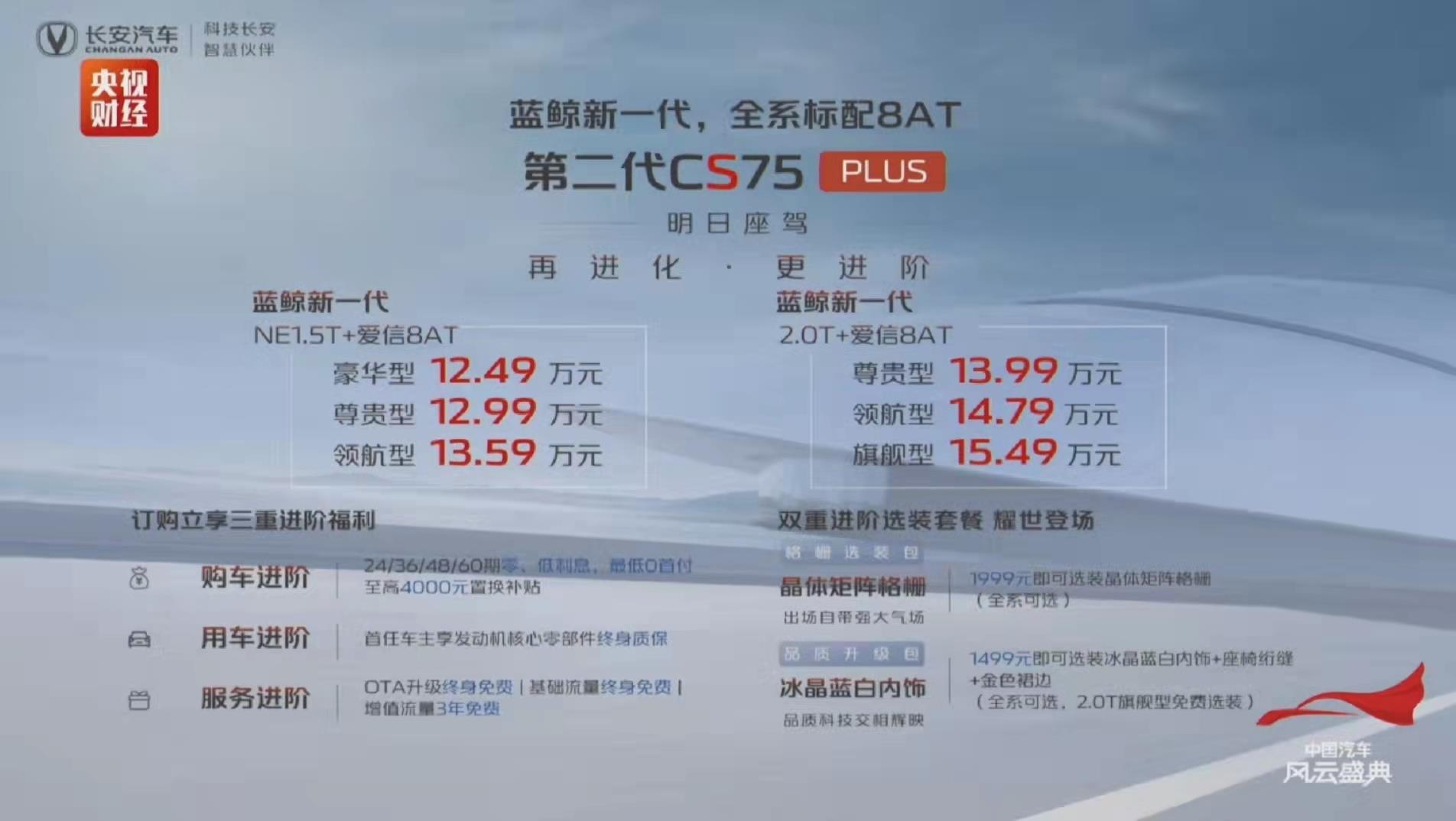 全系标配爱信8AT，第二代长安CS75PLUS上市售12.49-15.49万元