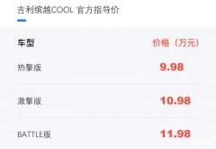 吉利缤越COOL正式上市，售价9.98-11.98万元